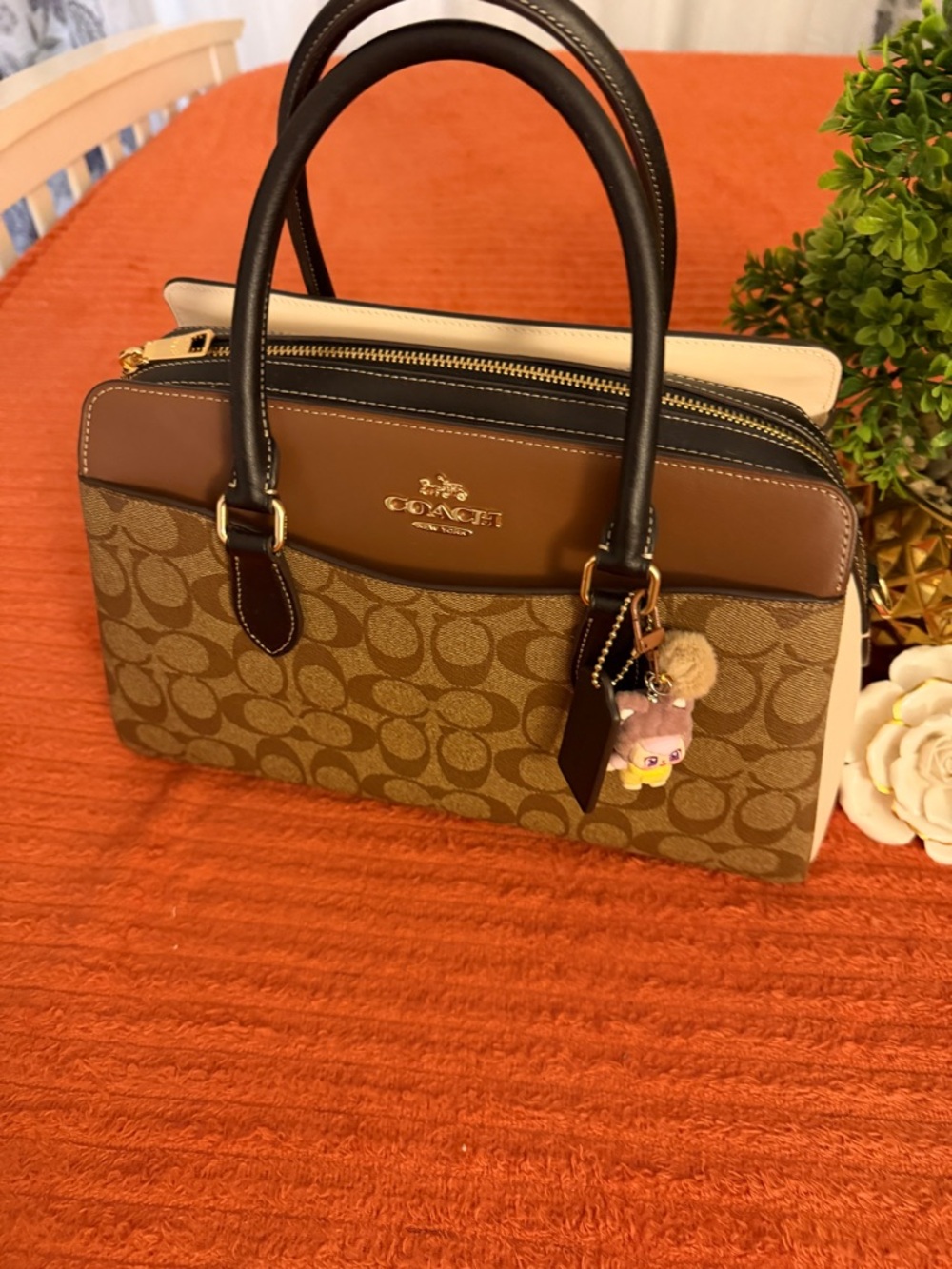 Coach Brown Signature Canvas Satchel with Black Trim - Picture 2 of 16